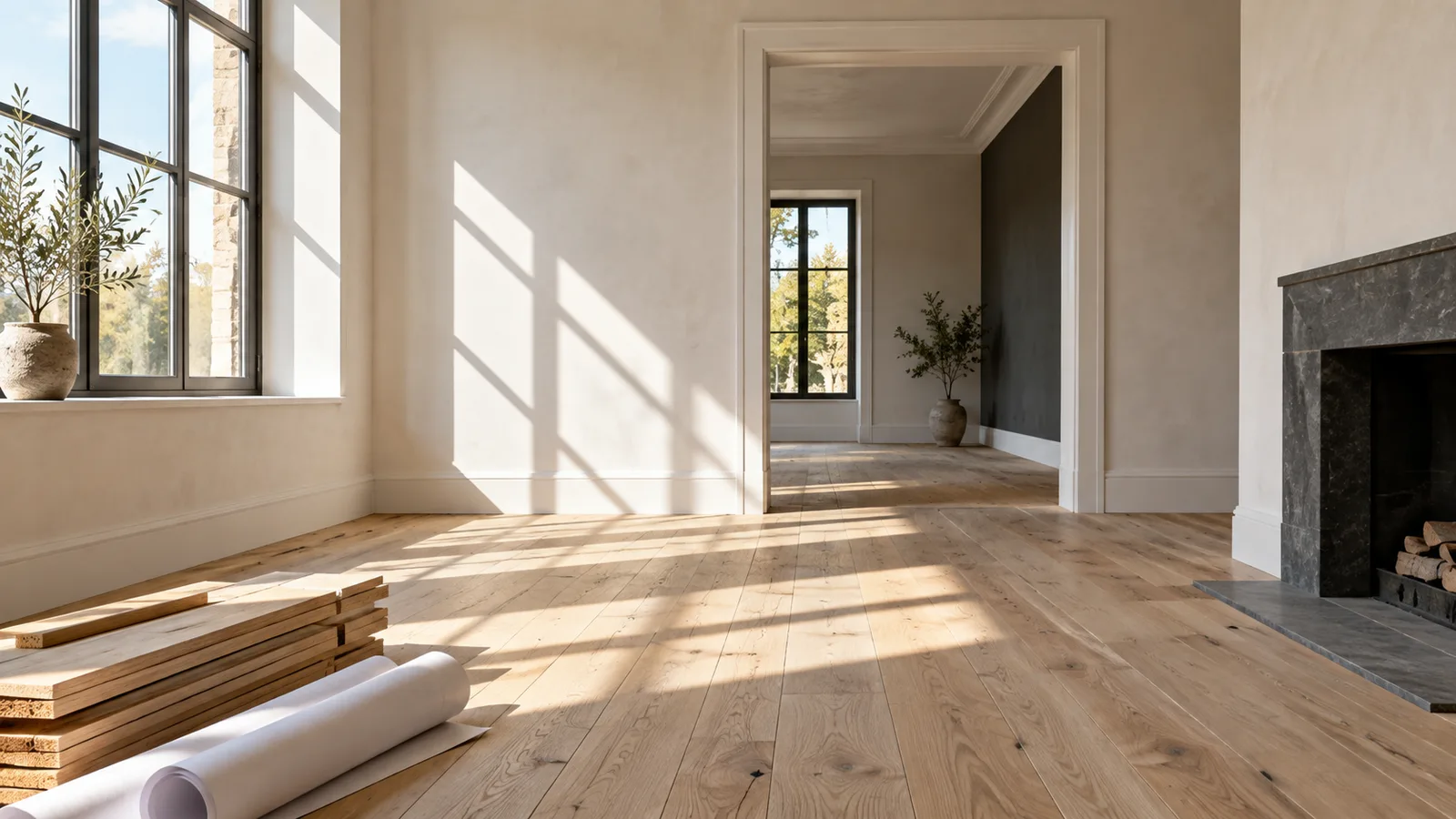 Sunlight across an unfurnished room with timber and rolled paper.